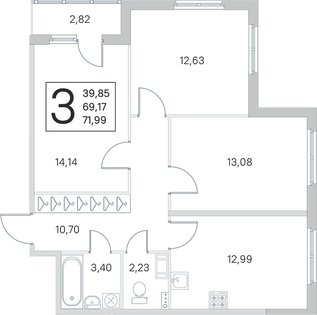 3-комнатная квартира 69.17 м², 2/4 эт., ЖК «Любоград в Стрельне»